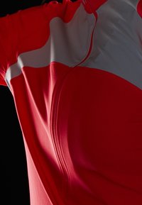 Punainen ja harmaa urheilupaita vetoketjulla, jossa on yhdistelmä yhtenäisiä ja väriosioita. Kangas näyttää sileältä ja istuvilta.