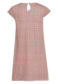 Kurzärmliges Kleid mit floralem Muster; Farben in Orange, Blau und Weiß; mit einer Schlüssellochöffnung am Rücken. Glattes, leichtes Material.