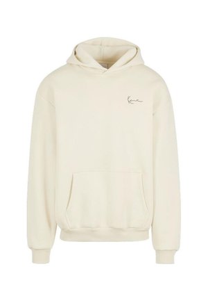 Bluza z kapturem w kolorze ecru, z przednią kieszenią i małym czarnym logo sygnaturowym na górnej lewej części klatki piersiowej.