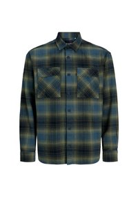 Flanellhemd in dunkelgrünem und marineblauem Karomuster. Verfügt über einen Button-Down-Kragen, zwei Brusttaschen und lange Ärmel mit Knopfmanschetten.