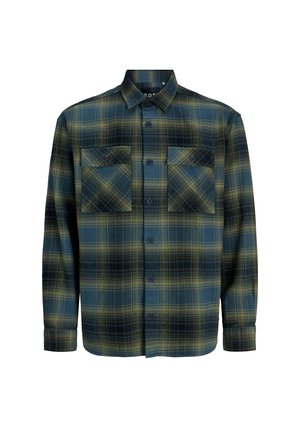 Flanellen shirt in donker groen en marineblauw ruitpatroon. Kenmerkt zich door een button-down kraag, twee borstzakken en lange mouwen met knoopmanchetten.