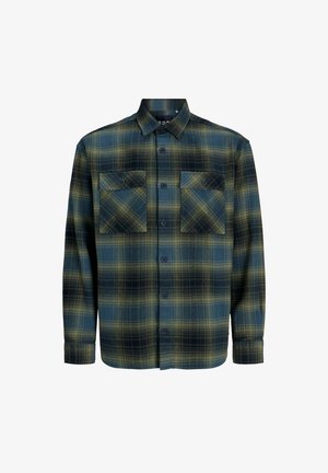 Flanellen shirt in donker groen en marineblauw ruitpatroon. Kenmerkt zich door een button-down kraag, twee borstzakken en lange mouwen met knoopmanchetten.