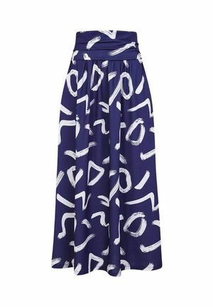 Srednje dolga mornarsko modra krilo z belimi abstraktnimi potezami čopiča in širokim nabranim pasom.