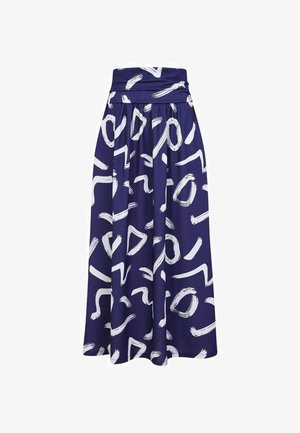 Tmavě modrá midi sukně s bílými abstraktními vzory štětcových tahů a širokým, nashromážděným pasem.