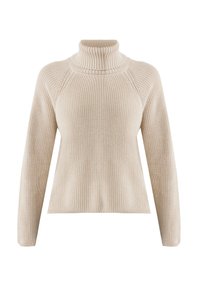 Beige knitted sweater with a high mock neck, long raglan sleeves, and ribbed texture. Straight hem and soft, warm fabric.