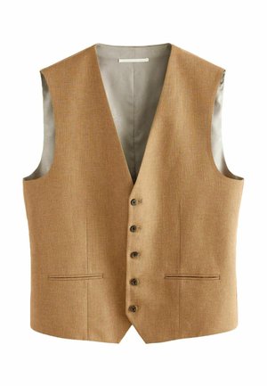 Tan sleeveless men's vest with five buttons down the front and two horizontal slit pockets, lined with light gray fabric.