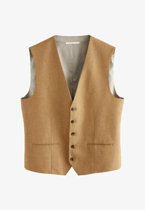 Beżowa kamizelka męska bez rękawów z pięcioma guzikami z przodu i dwoma poziomymi kieszeniami w formie szlufek, podszyta jasnoszarym materiałem.