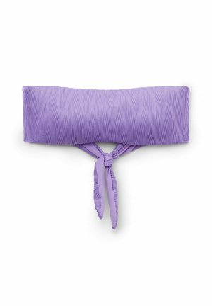 Lila, gefaltetes Bandeau-Top mit einem strukturierten Wellenmuster. Besitzt ein gebundenes Knoten-Detail auf der Rückseite. Glattes, dehnbares Material.