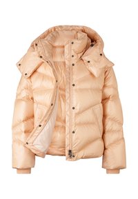 Kurtka puchowa w jasnym brzoskwiniowym kolorze, z pikowanym wzorem, zamek błyskawiczny z przodu, napy oraz odpinany kaptur z prążkowanymi mankietami.