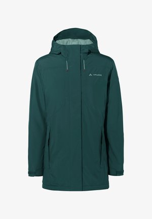 Groene waterdichte jas met een capuchon, voorsluiting met rits, zijzakken en verstelbare manchetten. Gladde, matte afwerking met een minimalistisch ontwerp.