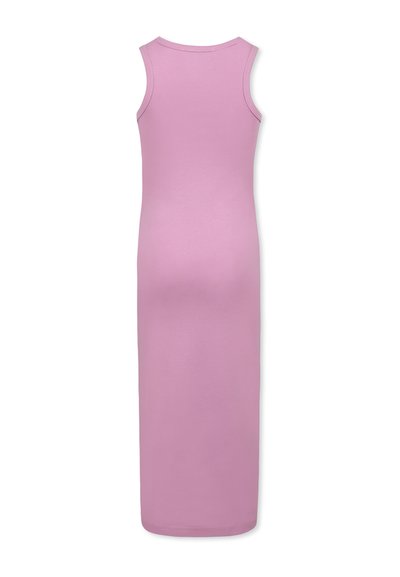 Abito lungo senza maniche in morbido tessuto rosa, caratterizzato da un semplice girocollo e una silhouette aderente che arriva fino alle caviglie. Nessun motivo o dettaglio visibile.