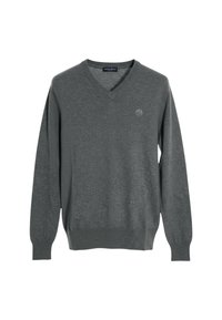 Maglione grigio a scollo a V realizzato in tessuto leggero, con maniche lunghe e un piccolo logo sul petto. Materiale strutturato con finitura liscia.