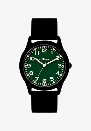 Sort armbåndsur med grøn urskive, hvide tal og sølvfarvede visere, der viser kl. 10:10:35, med sort rem og mærkenavnet s.Oliver.