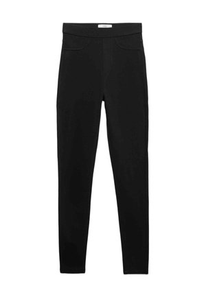 Leggings neri a tutta lunghezza con vita alta e dettagli delle tasche anteriori, mostrati su sfondo bianco.