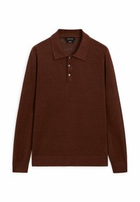 Polo a maniche lunghe marrone con finitura testurizzata, placket a tre bottoni e colletto e polsini a costine. Design semplice e classico.