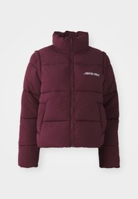 Burgundy puffer jacket with high collar, zip closure, and horizontal quilted design. Features white "SANTA CRUZ" logo on the chest.