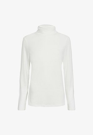 Maglione bianco a maniche lunghe con collo alto realizzato in tessuto morbido, caratterizzato da un colletto aderente e una superficie liscia, ideale per essere indossato a strati.