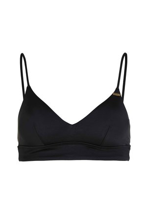 Zwarte bralette met een V-halsontwerp, verstelbare dunne bandjes, minimale padding en een subtiele naaddetail langs de onderste band.