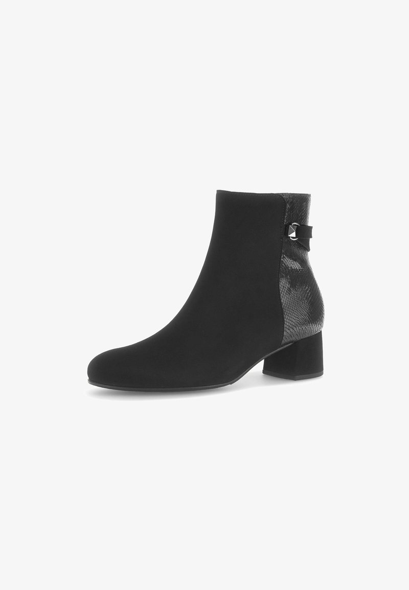 Black ankle boot made of suede with a textured snake-print side panel, a small block heel, and a decorative side buckle.