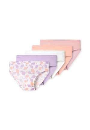 Vijf paar katoenen meisjesonderbroeken in pastelkleuren: gestreept lichtroze, effen perzik, wit, lavendel en lavendel-perzik met fruitpatroon.