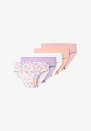 Fünf Paar Baumwoll-Mädchenunterhosen in Pastellfarben: gestreift hellrosa, einfarbig Pfirsich, weiß, Lavendel und Lavendel mit Pfirsich-Fruchtmuster.