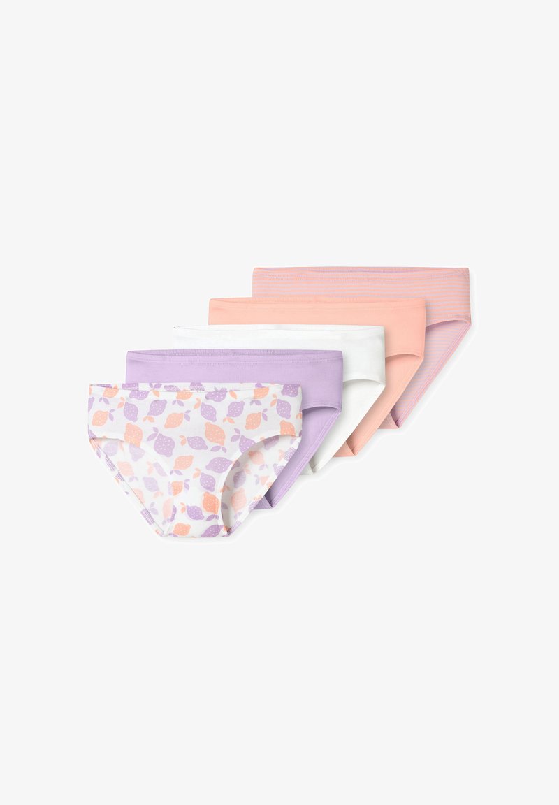 Fünf Paar Baumwoll-Mädchenunterhosen in Pastellfarben: gestreift hellrosa, einfarbig Pfirsich, weiß, Lavendel und Lavendel mit Pfirsich-Fruchtmuster.