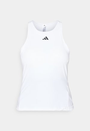 Camiseta sin mangas blanca hecha de tela lisa y ligera. Presenta un escote redondo y un sutil logo negro de Adidas en el frente.