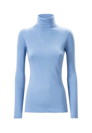 Maglione a collo alto di colore azzurro chiaro, realizzato in un tessuto liscio ed elastico. Presenta maniche lunghe e una silhouette aderente con un colletto alto e piegato.