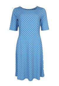 Blaues Kleid mit kurzen Ärmeln, das ein geometrisches Wirbelmuster zeigt, runden Halsauschnitt und einen ausgestellten Saum hat. Hergestellt aus einem leichten Stoff.