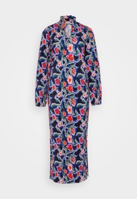 Vestido con estampado floral de base azul marino, con mangas largas, un escote con volantes y una abertura parcial en el frente. Tejido texturizado con rayas verticales.