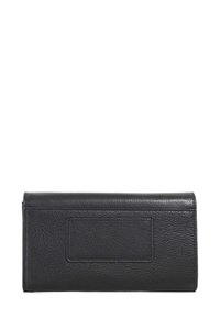 Black leather wallet with a textured surface, long rectangular shape, featuring a distinct card slot on the front for storage.