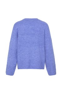 Pull tricoté bleu lavande à manches longues, avec poignets et ourlet côtelés, présenté de dos sur fond blanc.