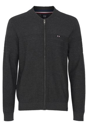 Gray knitted cardigan with a zip front, textured upper panel, ribbed cuffs, and hem. Features a small logo patch on the left chest.