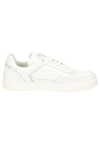 Weiße Ledersneaker mit perforierten Details, flachen Schnürsenkeln und einer strukturierten Sohle. Verfügt über gestickte Akzente und einen gepolsterten Kragen für mehr Komfort.