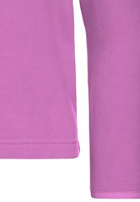 Felpa in pile di un rosa brillante, caratterizzata da una texture morbida, maniche lunghe e un orlo arrotondato. Nessun motivo visibile o dettagli metallici.