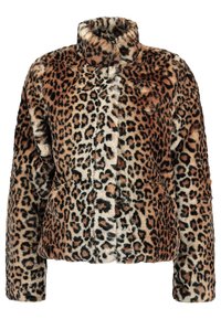 Leopardprint faux fur jakke med høj krave, lange ærmer og en struktureret overflade. Farvepaletten inkluderer nuancer af brun, creme og sort.