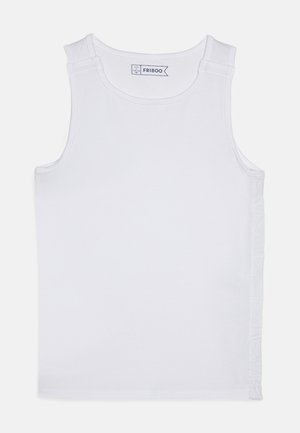 Canottiera bianca in cotone con scollatura rotonda e cuciture rinforzate. Presenta dettagli decorativi laterali e un'etichetta sul collo.