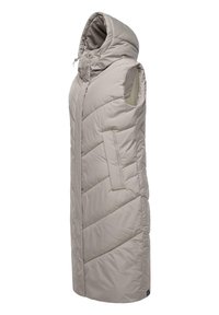 Lång beige ärmlös puffväst med huva, med diagonala quiltade mönster, en framzipper och sidofickor.