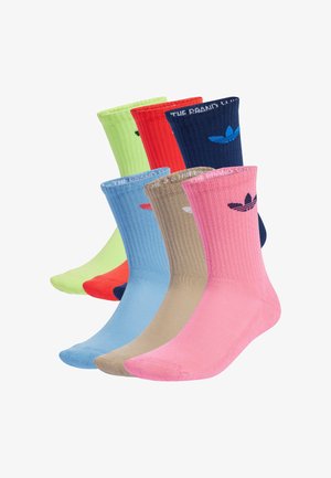 Six paires de chaussettes côtelées de couleurs assorties : vert fluo, rouge, bleu foncé, beige, bleu clair et rose, chacune avec des accents de couleur contrastante au niveau des orteils.