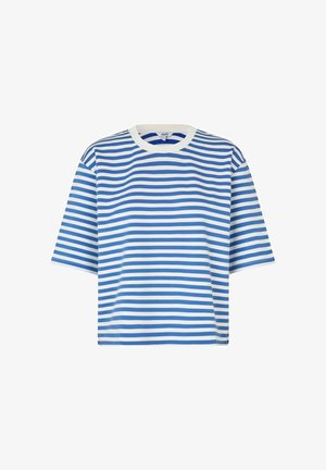 Sinine ja valge triibuline lühikeste varrukatega T-särk ümmarguse kaelusega ja mugava istuvusega. Puuvilla segu materjal, mille pind on sile.