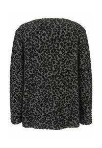 Schwarz und grau gefleckter, flauschiger Pullover mit langen Ärmeln, von hinten auf einem weißen Hintergrund gezeigt.