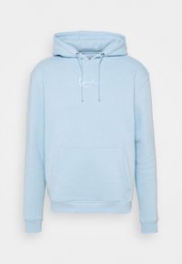 Light blue hoodie made of cotton blend material, featuring a front pocket, drawstring hood, and white logo embroidered on the chest.