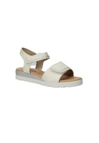 Sandali bianchi con fibbie in velcro, parte superiore in suede testurizzato, soletta beige e una suola bassa con dettagli argentati.