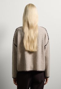 Pull en laine beige avec une coupe décontractée, épaules arrondies et coutures contrastantes le long de l'ourlet et des manches. Texture douce et design douillet.