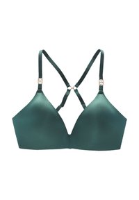 Türkise geformte BH mit glatter Textur, verstellbaren Trägern und goldfarbener Hardware. Kreuz-Rücken-Design mit dezentem Glanz.