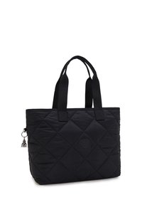 Borsa tote nera trapuntata realizzata in nylon, con doppie tracolle, un emblema del logo e un accento decorativo a forma di portachiavi.