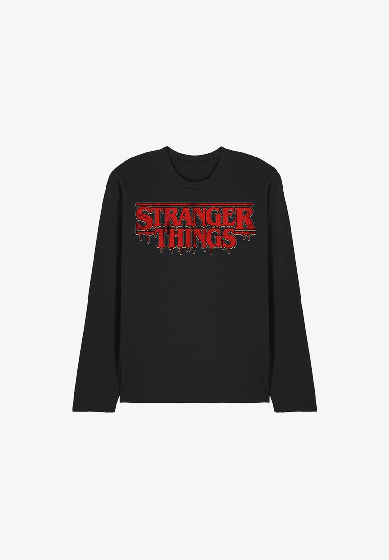 Schwarzes Langarm-T-Shirt mit einem roten "STRANGER THINGS"-Logo und tropfenden Effekten, rundem Ausschnitt und weichem Baumwollmaterial.