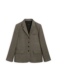 Harmaa, teksturoitu pikkutakki, jossa on yksirivinen malli, leikattu kaulus, kaksi etutaskua ja mustat napit. Samaa sileää sisävuorimateriaalia.