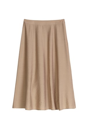 Beige A-lijn midi-rok met een gladde, licht glanzende textuur en een aangesloten tailleband.