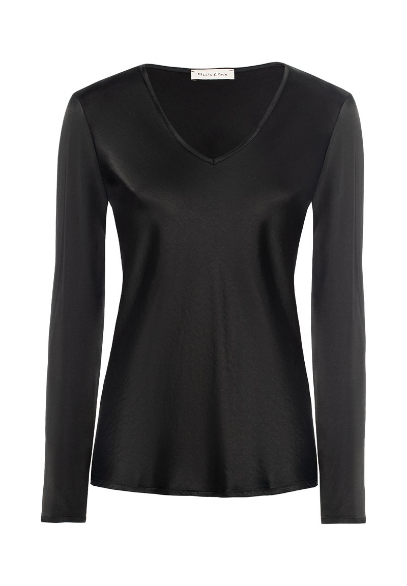 Top lungo nero a maniche lunghe, con scollatura a V profonda, texture liscia simile al satin e vestibilità rilassata, con un orlo leggermente curvato.